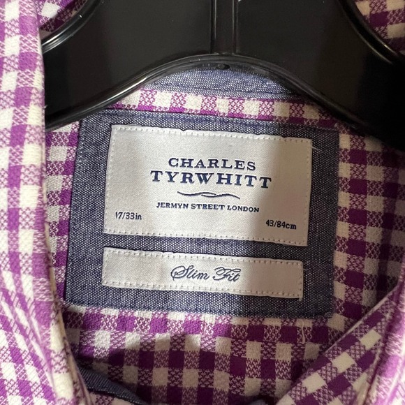 Charles Tyrwhitt Mens Slim Fit Gingham Dress Shirt Purple White 17/33 Cotton - Picture 8 of 16